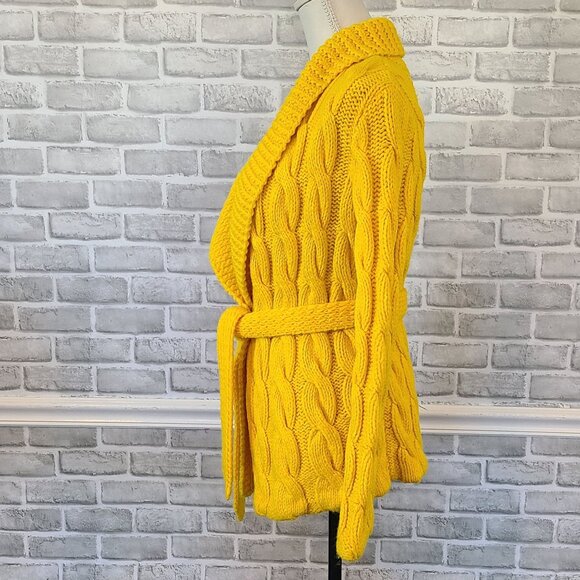 Vintage Handmade Yellow Crochet Cardigan Fisherman Cable Knit Belted Large - Picture 3 of 7